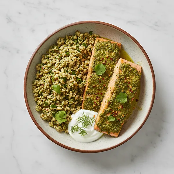 Spicy Zhoug Salmon with Zhoug-Spiced Freekeh